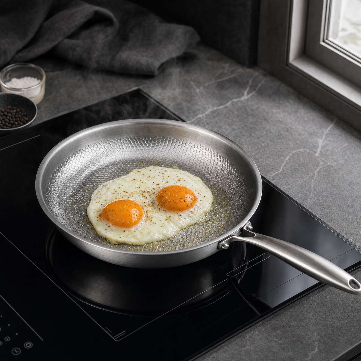 Two eggs, preheated pan and a thin film of oil