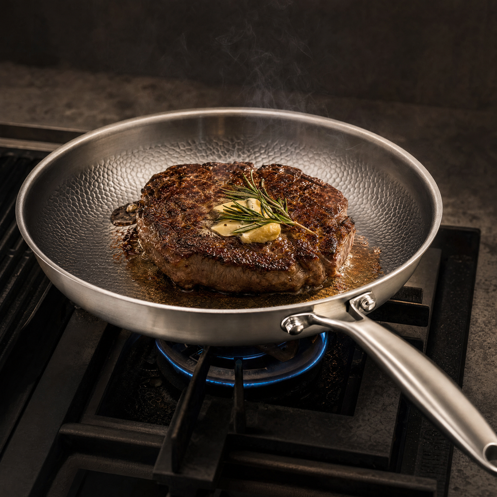 A steak searing in the pan