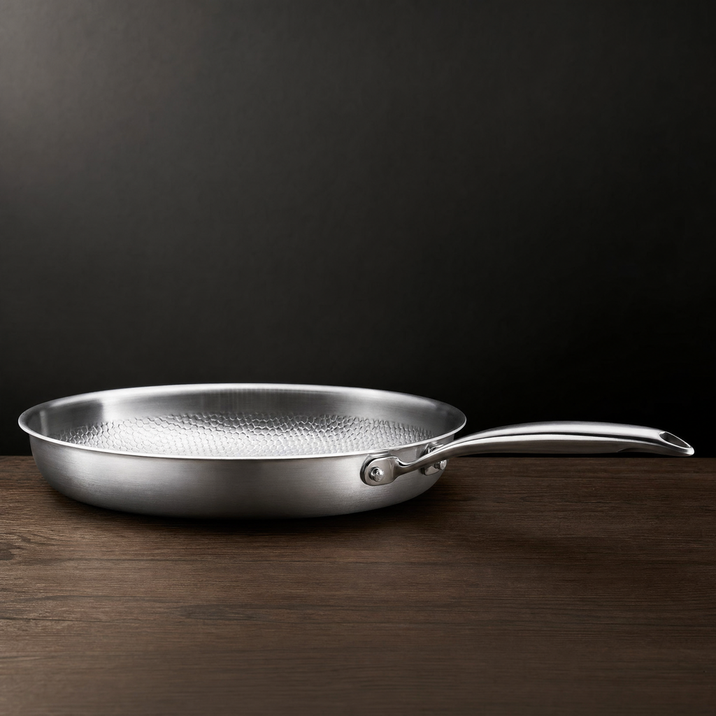 Side profile showing the pan wall depth and riveted handle